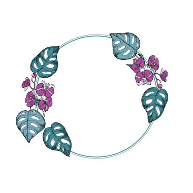 Canavarlı ve orkideli kusursuz desen. Tropikal egzotik süslemeler el yapımı arka plan. Ayrıntılı illüstrasyon, el çizimi. Kumaş ve tekstil için harika, parmak izi, davetiye.