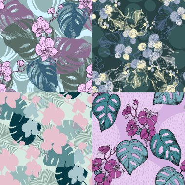 Canavarlı ve orkideli kusursuz desen. Tropikal egzotik süslemeler el yapımı arka plan. Ayrıntılı illüstrasyon, el çizimi. Kumaş ve tekstil için harika, parmak izi, davetiye.