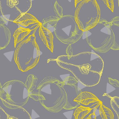 Armut ve elmalı kusursuz desen. Renkli taslak stili el çizimi arka plan. Ayrıntılı illüstrasyon, el çizimi. Kumaş ve tekstil için harika, parmak izi, davetiye, ambalaj.