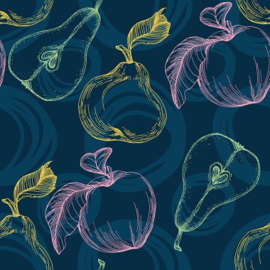 Armut ve elmalı kusursuz desen. Renkli taslak stili el çizimi arka plan. Ayrıntılı illüstrasyon, el çizimi. Kumaş ve tekstil için harika, parmak izi, davetiye, ambalaj.