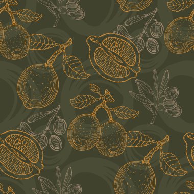 Zeytin ve limonlu kusursuz desen. Renkli taslak stili el çizimi arka plan. Ayrıntılı illüstrasyon, el çizimi. Kumaş ve tekstil için harika, parmak izleri, davetiye, ambalaj, ya da herhangi bir istenen fikir için..