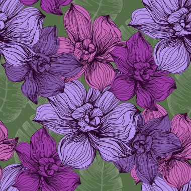 Palmiye yaprakları ve orkideleri olan kusursuz bir desen. Renkli taslak stili el çizimi arka plan. Ayrıntılı illüstrasyon, el çizimi. Kumaş ve tekstil için harika, parmak izi, davetiye, ambalaj.