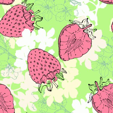 Çilekli ve kirazlı kusursuz desen. Renkli taslak stili el çizimi arka plan. Ayrıntılı illüstrasyon, el çizimi. Kumaş ve tekstil için harika, parmak izi, davetiye, ambalaj.