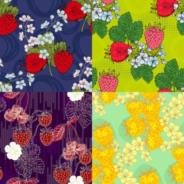 Çilekli ve kirazlı kusursuz desen. Renkli taslak stili el çizimi arka plan. Ayrıntılı illüstrasyon, el çizimi. Kumaş ve tekstil için harika, parmak izi, davetiye, ambalaj.