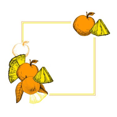 Ananas ve portakallı kusursuz desen. Renkli taslak stili el çizimi arka plan. Ayrıntılı illüstrasyon, el çizimi. Kumaş ve tekstil için harika, parmak izleri, davetiye, ambalaj, ya da herhangi bir istenen fikir için..