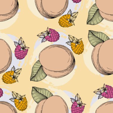 Şeftali ve ahududulu kusursuz desen. Renkli taslak stili el çizimi arka plan. Ayrıntılı illüstrasyon, el çizimi. Kumaş ve tekstil için harika, parmak izi, davetiye, ambalaj.