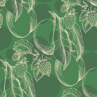 Şeftali ve ahududulu kusursuz desen. Renkli taslak stili el çizimi arka plan. Ayrıntılı illüstrasyon, el çizimi. Kumaş ve tekstil için harika, parmak izi, davetiye, ambalaj.