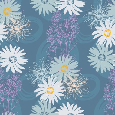 Lavantalı ve papatyalı kusursuz desen. Renkli taslak stili el çizimi arka plan. Ayrıntılı illüstrasyon, el çizimi. Kumaş ve tekstil için harika, parmak izi, davetiye, ambalaj
