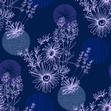 Lavantalı ve papatyalı kusursuz desen. Renkli taslak stili el çizimi arka plan. Ayrıntılı illüstrasyon, el çizimi. Kumaş ve tekstil için harika, parmak izi, davetiye, ambalaj