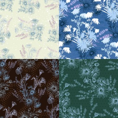 Lavantalı ve papatyalı kusursuz desen. Renkli taslak stili el çizimi arka plan. Ayrıntılı illüstrasyon, el çizimi. Kumaş ve tekstil için harika, parmak izi, davetiye, ambalaj