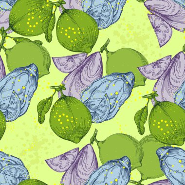 İstiridye ve limonlu deniz ürünleriyle kusursuz desenler. Renkli taslak stili el çizimi arka plan. Ayrıntılı illüstrasyon, el çizimi. Kumaş ve tekstil için harika, parmak izi, davetiye, ambalaj.