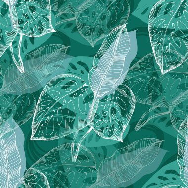 Tropikal yaprakları ve canavarları olan kusursuz bir desen. Renkli taslak stili el çizimi arka plan. Ayrıntılı illüstrasyon, el çizimi. Kumaş ve tekstil için harika, parmak izi, davetiye, ambalaj