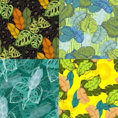 Tropikal yaprakları ve canavarları olan kusursuz bir desen. Renkli taslak stili el çizimi arka plan. Ayrıntılı illüstrasyon, el çizimi. Kumaş ve tekstil için harika, parmak izi, davetiye, ambalaj