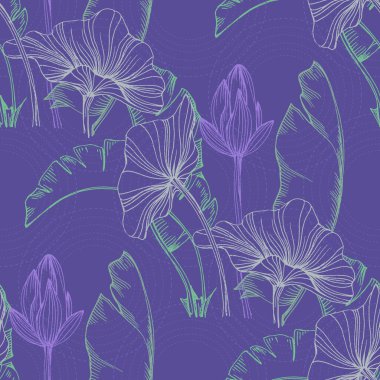 Nilüfer ve tropik muz ağacı yapraklı kusursuz desen. Renkli taslak stili el çizimi arka plan. Ayrıntılı illüstrasyon, el çizimi. Kumaş ve tekstil için harika, parmak izi, davetiye, ambalaj