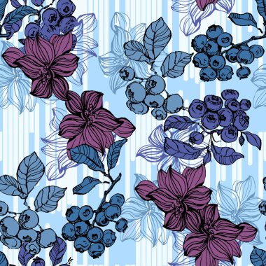 Yabanmersinli ve lavantalı kusursuz desen. Renkli taslak stili el çizimi arka plan. Ayrıntılı illüstrasyon, el çizimi. Kumaş ve tekstil için harika, parmak izi, davetiye, ambalaj