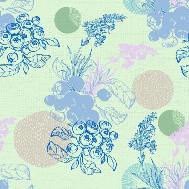 Yabanmersinli ve lavantalı kusursuz desen. Renkli taslak stili el çizimi arka plan. Ayrıntılı illüstrasyon, el çizimi. Kumaş ve tekstil için harika, parmak izi, davetiye, ambalaj