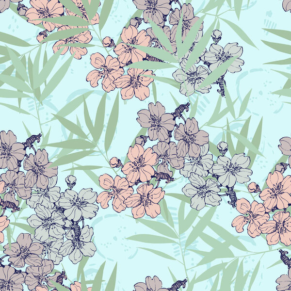 Бесшовный узор с бамбуком и сакурой. Цветной эскиз стиль ручной работы фон. Подробная иллюстрация, нарисованная вручную. Отлично подходит для текстиля, принтов, приглашений, упаковки