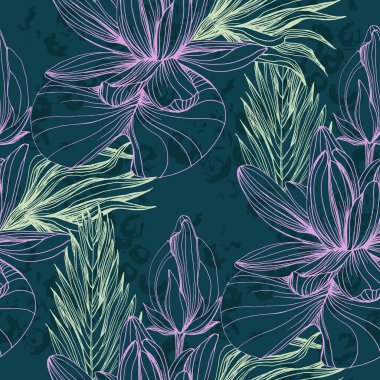 Tropikal yaprakları ve nilüferleri olan kusursuz desenler. Renkli taslak stili el çizimi arka plan. Ayrıntılı illüstrasyon, el çizimi. Kumaş ve tekstil için harika, parmak izi, davetiye, ambalaj