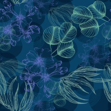 Sakura ve okaliptüslü kusursuz desen. Renkli taslak stili el çizimi arka plan. Ayrıntılı illüstrasyon, el çizimi. Kumaş ve tekstil için harika, parmak izi, davetiye, ambalaj