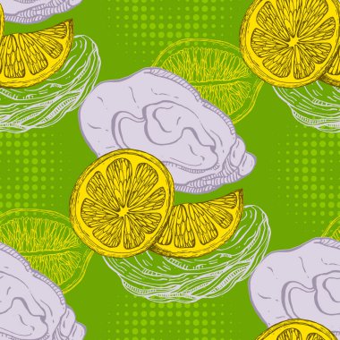 İstiridye ve limonlu kusursuz desen. Renkli taslak stili el çizimi arka plan. Ayrıntılı illüstrasyon, el çizimi. Kumaş ve tekstil için harika, parmak izi, davetiye, ambalaj