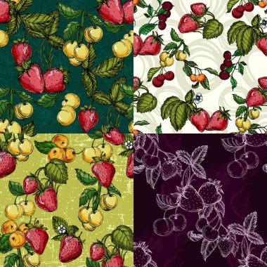 Çilekli ve kirazlı kusursuz desen. Renkli taslak stili el çizimi arka plan. Ayrıntılı illüstrasyon, el çizimi. Kumaş ve tekstil için harika, parmak izi, davetiye, ambalaj
