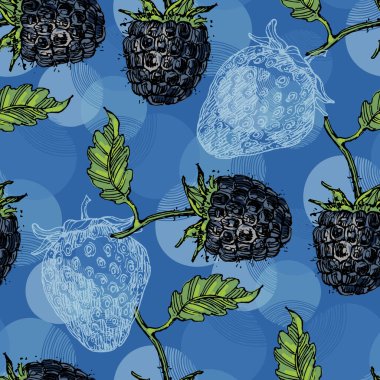 Çilek ve ahududulu kusursuz desen. Renkli taslak stili el çizimi arka plan. Ayrıntılı illüstrasyon, el çizimi. Kumaş ve tekstil için harika, parmak izi, davetiye, ambalaj