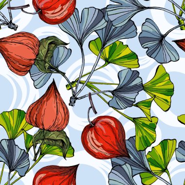 Ginkgo ve Physalis ile kusursuz desen. Renkli taslak stili el çizimi arka plan. Ayrıntılı illüstrasyon, el çizimi. Kumaş ve tekstil için harika, parmak izi, davetiye, ambalaj