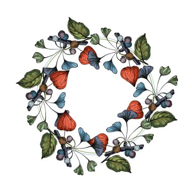 Ginkgo ve Physalis 'in olduğu bir çerçeve. El çizimi yuvarlak sınır, yapraklar ve çiçekler, düğün davetiyesi ve kartları, logo tasarımı ve poster şablonu. 