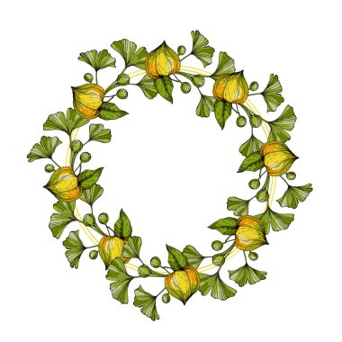 Ginkgo ve Physalis 'in olduğu bir çerçeve. El çizimi yuvarlak sınır, yapraklar ve çiçekler, düğün davetiyesi ve kartları, logo tasarımı ve poster şablonu. 