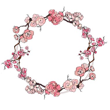 Kiraz çiçeği vektörü. Pembe sakura çiçeği arkaplanı. Çiçek açan kiraz çiçeği taşıyıcısı. Sakura çiçekli kiraz çiçeği dalı. Beyaz arkaplanda Sakura.