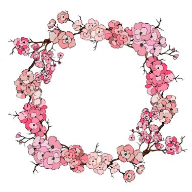 Kiraz çiçeği vektörü. Pembe sakura çiçeği arkaplanı. Çiçek açan kiraz çiçeği taşıyıcısı. Sakura çiçekli kiraz çiçeği dalı. Beyaz arkaplanda Sakura.