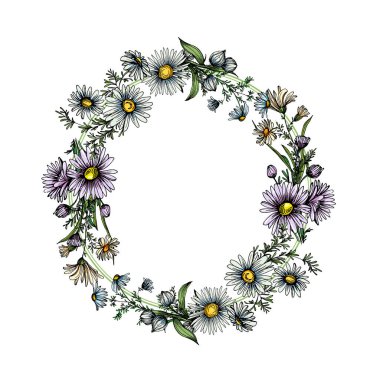 Papatya papatyası çiçek çemberi çerçevesi. El çizimi yuvarlak sınır, yapraklar ve çiçekler, düğün davetiyesi ve kartlar, logo tasarımı ve poster şablonu. Zarif minimal çiçek vektörü izole edildi