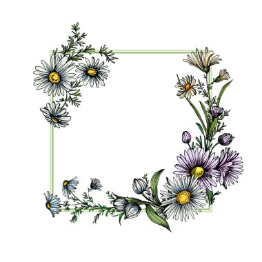 Papatya papatyası çiçek çemberi çerçevesi. El çizimi yuvarlak sınır, yapraklar ve çiçekler, düğün davetiyesi ve kartlar, logo tasarımı ve poster şablonu. Zarif minimal çiçek vektörü izole edildi