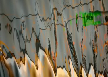 green, white, grey, orange, black; marbled reflections...