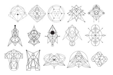 Kutsal geometri soyut semboller tek renkli kümesi üzerinde beyaz arka plan düz vektör illüstrasyon izole
