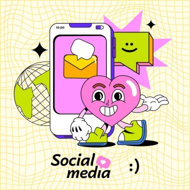 Sosyal medya platformu düz bir şekilde. Telefon ve konuşma baloncuklarının yanında çizgi film karakteri. oncept, hearts, chat, ipucu açık sarı arkaplan. Retro biçiminde vektör illüstrasyonu