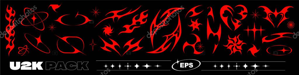Big Y2k Set Graphic assets in futuristic style. Vector elements for design. Shapes for Posters Template, social media, flyers, media, sticker, Digital Collage. Black red tattoo.