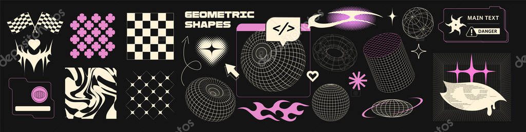 Geometry 3d shapes and grids in Y2k retro futuristic aesthetic. Abstract graphic symbol and texture backgrounds, cyberpunk elements in psychedelic rave style. Template for poster, banner, stickers.
