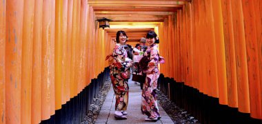 Japon Kyoto. Fushimi Inari Taisha, kami Inari 'ye adanmış ana tapınaktır. Tapınak, deniz seviyesinden 233 metre yukarıda olan Inari adlı dağın eteğinde yer almaktadır.