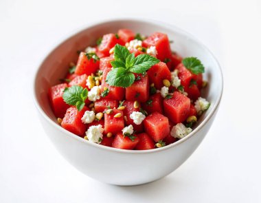 Watermelon Salad with feta cheese. in the white plate on the white background