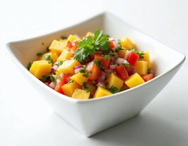 Mango salatası beyaz arka planda beyaz darbe