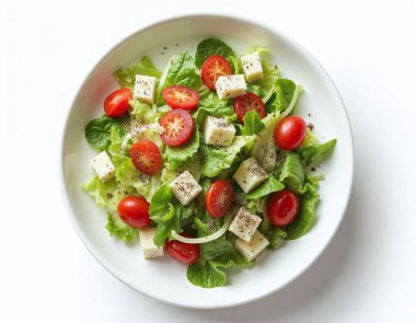 Beyaz arka planda izole edilmiş, kıtır kıtır ve parmesan peynirli klasik Sezar salatası.