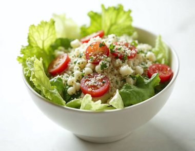 Beyaz arka planda izole edilmiş, kızarmış ekmek ve parmesan peynirli klasik Sezar salatası.