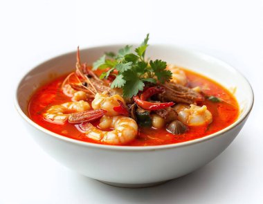 Tom Yum Goong Tayland çorbası beyaz arka planda izole edilmiş.
