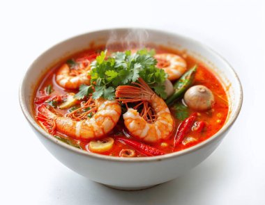 Tom Yum Goong Tayland çorbası beyaz arka planda izole edilmiş.