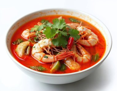 Tom Yum Goong Tayland çorbası beyaz arka planda izole edilmiş.