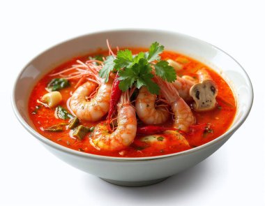 Tom Yum Goong Tayland çorbası beyaz arka planda izole edilmiş.