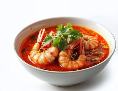 Tom Yum Goong Tayland çorbası beyaz arka planda izole edilmiş.