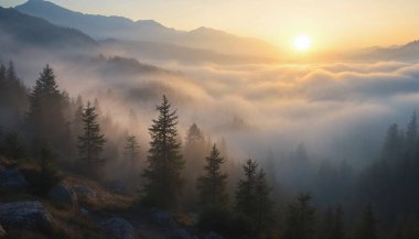 Ukrayna Karpatları 'nda sabah sisi. Hava aracı görünümü.