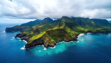 Magnificent panoramic aerial view of the entire island of UA HUKA by setting sun